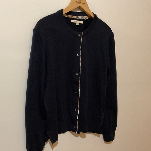 Preppy Barbour women’s classic navy cardigan sweater with tartan trim - Picture 3 of 7